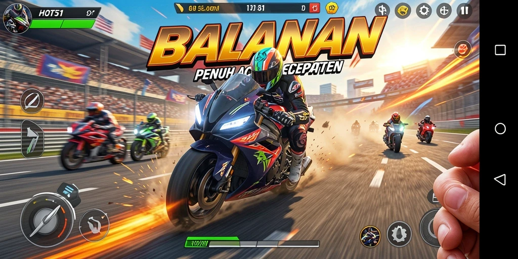Gameplay HOT51 yang mendebarkan saat balapan motor di trek.