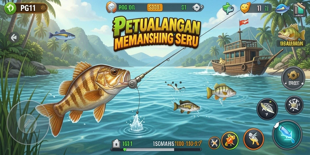 Screenshot PG11 menampilkan gameplay seru saat menangkap ikan.