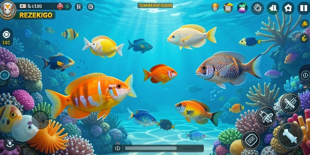 Tampilan gameplay REZEKIGO dengan ikan yang berwarna-warni.