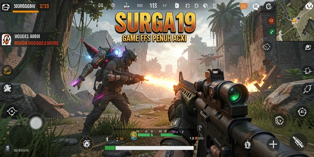 Tangkapan layar utama SURGA19 menampilkan aksi pertarungan FPS yang mendebarkan.