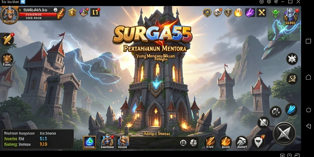 Tampilan gameplay SURGA55 dengan menara pertahanan yang strategis.