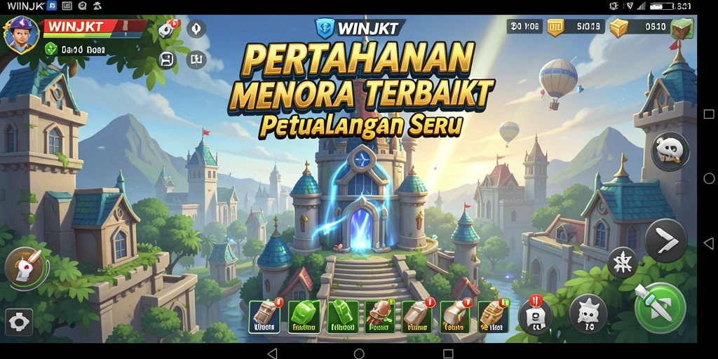 Screenshot utama WINJKT menampilkan aksi intens dalam pertahanan menara.